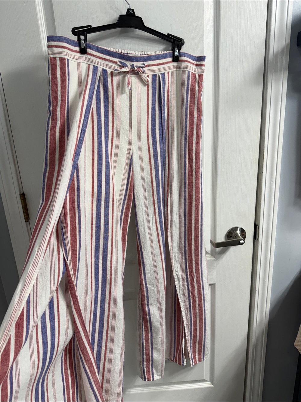 Express High Waisted Striped Linen-Blend Split Leg Pants Flowy Red White Blue